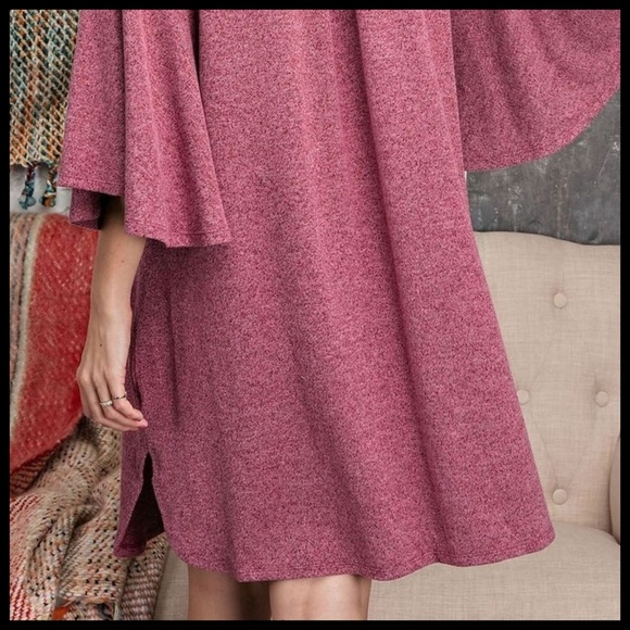 EASEL Hacci Knit Sweater Dress Mandarin Collar V-Neck & Statement Bell Sleeves - Picture 6 of 16